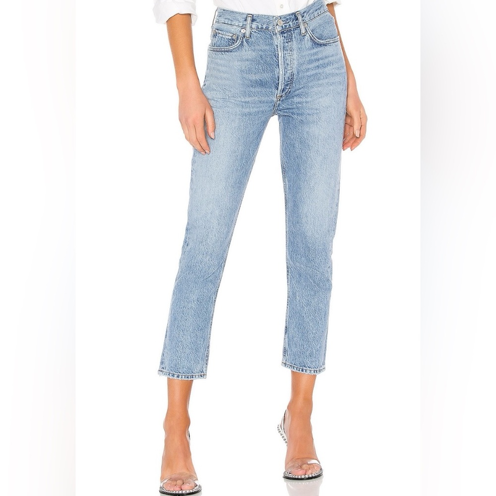 Agolde Riley High Rise Straight Crop Denim Jeans Light Blue